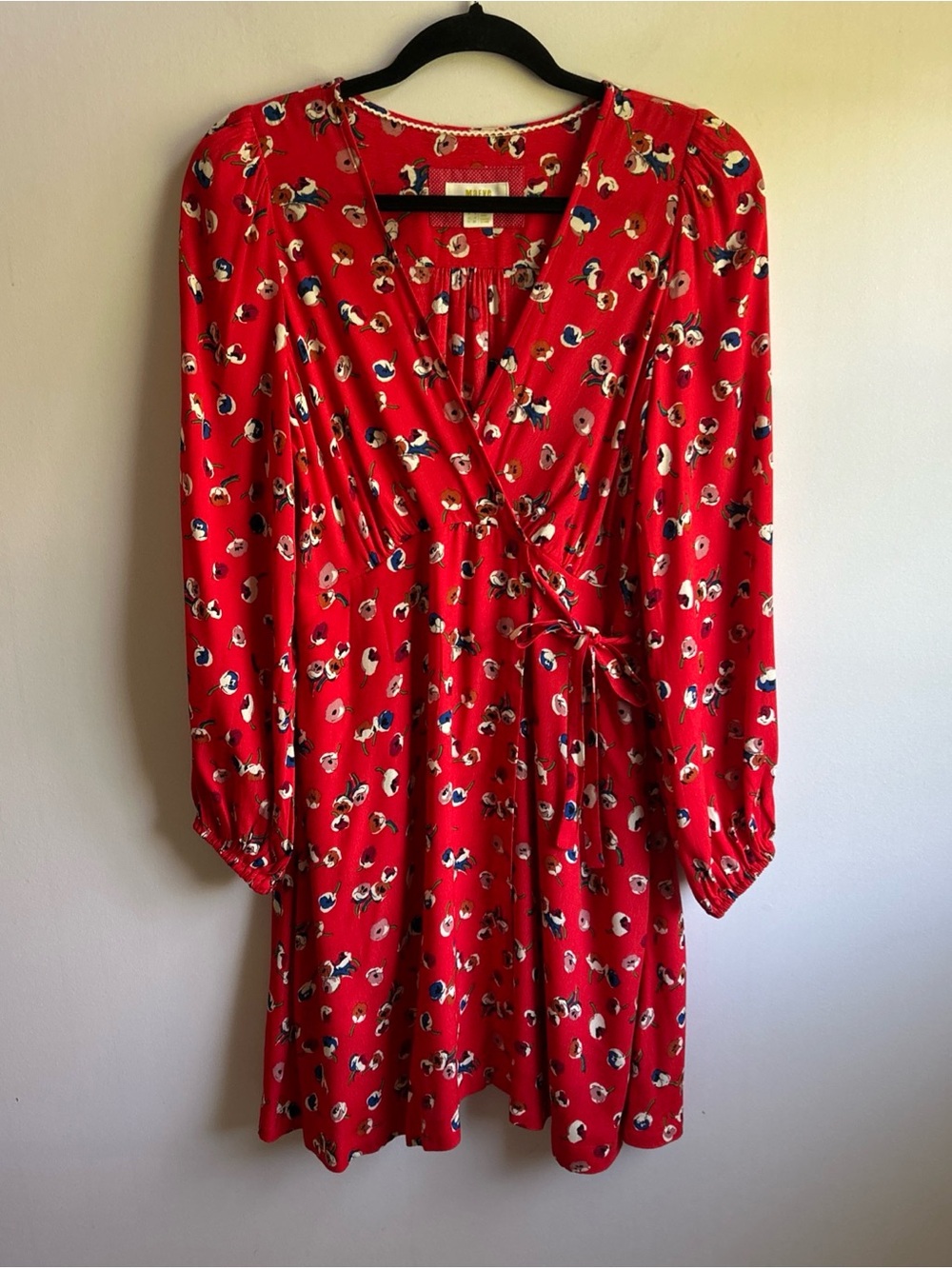 Maeve Anthropologie Red Floral Long-Sleeve Wrap Dress Pockets Side Zip